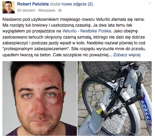 Dwa lata temu podobny wypadek na rowerze Veturilo miał dziennikarz lifestylowy, Robert Patoleta.