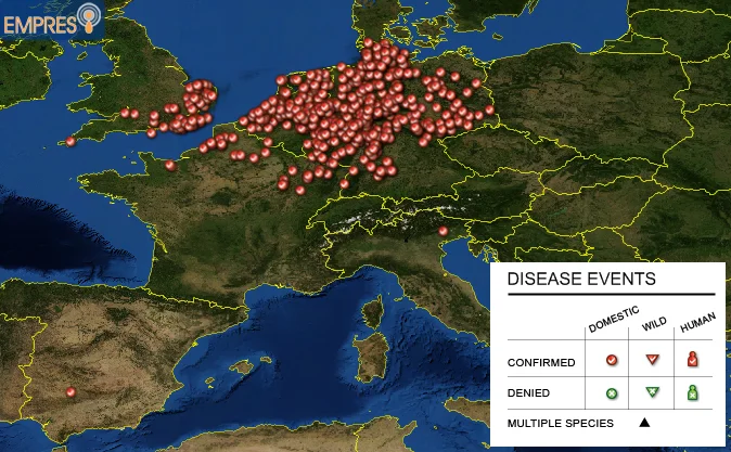 Mapa ognisk wirusa w marcu 2012 roku
