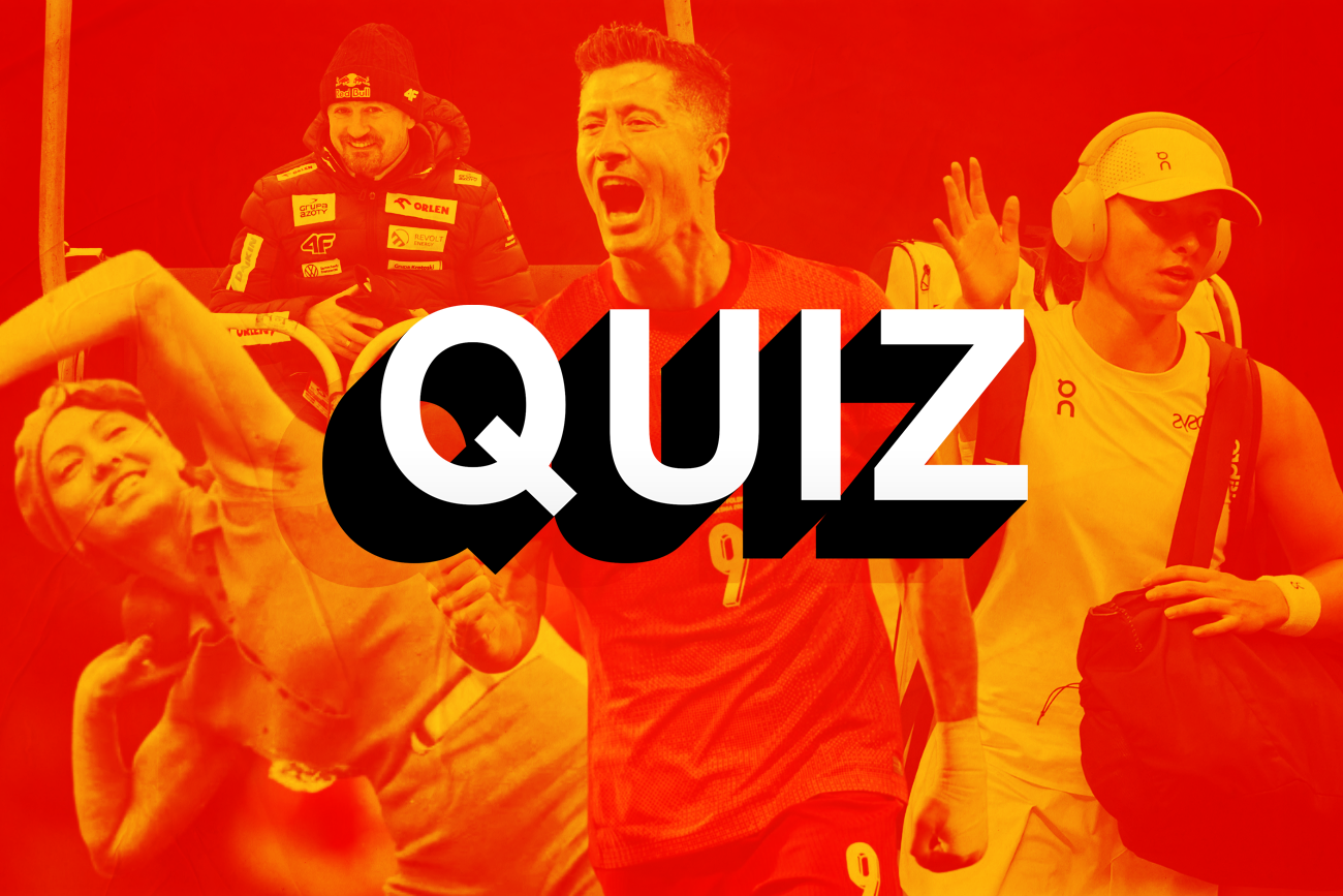 Na zdjęciu quiz sportowy. W tle Robert Lewandowski, Iga Świątek, Halina Konopacka i Adam Małysz.