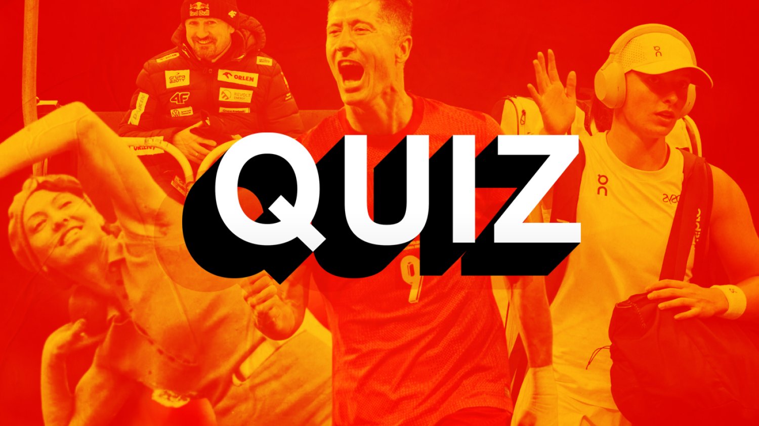 Na zdjęciu quiz sportowy. W tle Robert Lewandowski, Iga Świątek, Halina Konopacka i Adam Małysz.