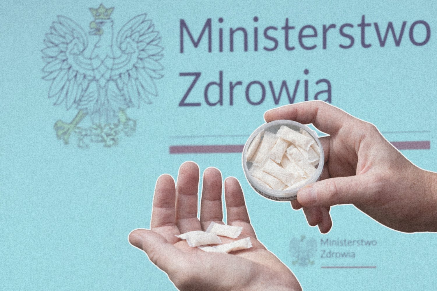 Saszetki nikotynowe na tle Ministerstwa Zdrowia.