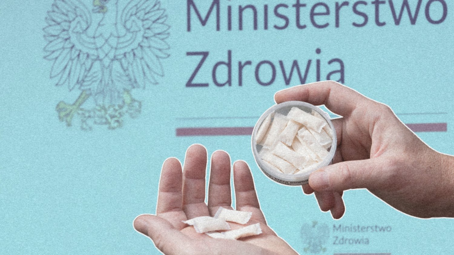 Saszetki nikotynowe na tle Ministerstwa Zdrowia.
