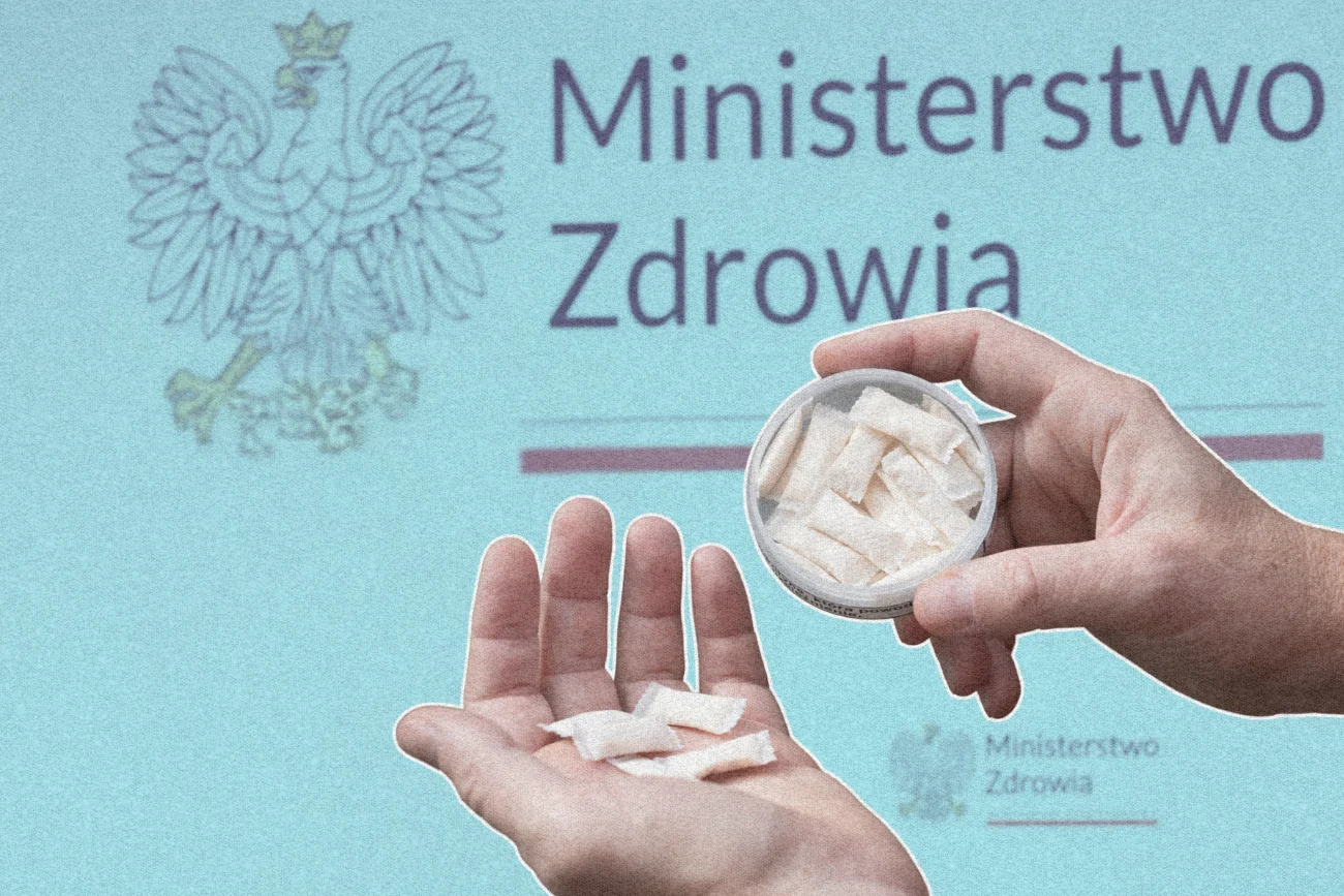 Saszetki nikotynowe na tle Ministerstwa Zdrowia.