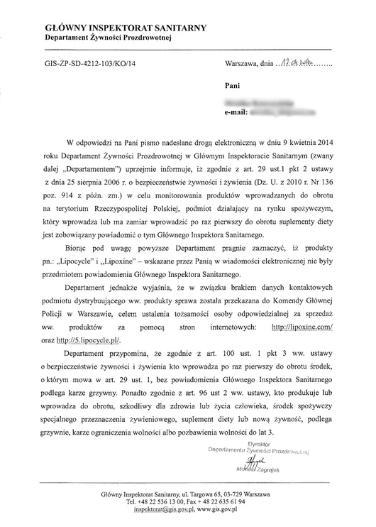 Sanepid przyznaje, że skierował sprawę Lipoxine i Lipocycle do policji w celu ustalenia tożsamości sprzedających