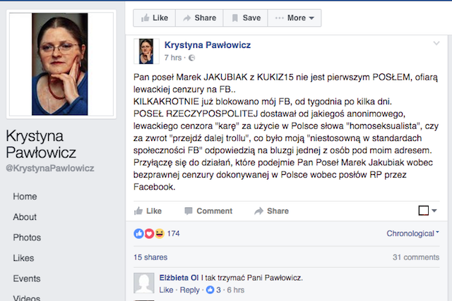 Krystyna Pawłowicz moderację Facebooka uważa za celowe ataki.