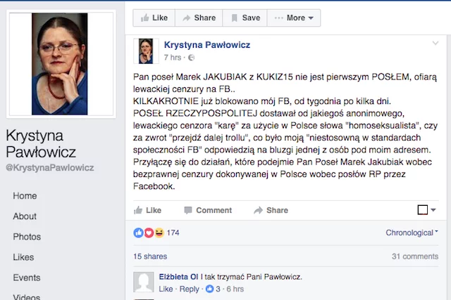 Krystyna Pawłowicz moderację Facebooka uważa za celowe ataki.
