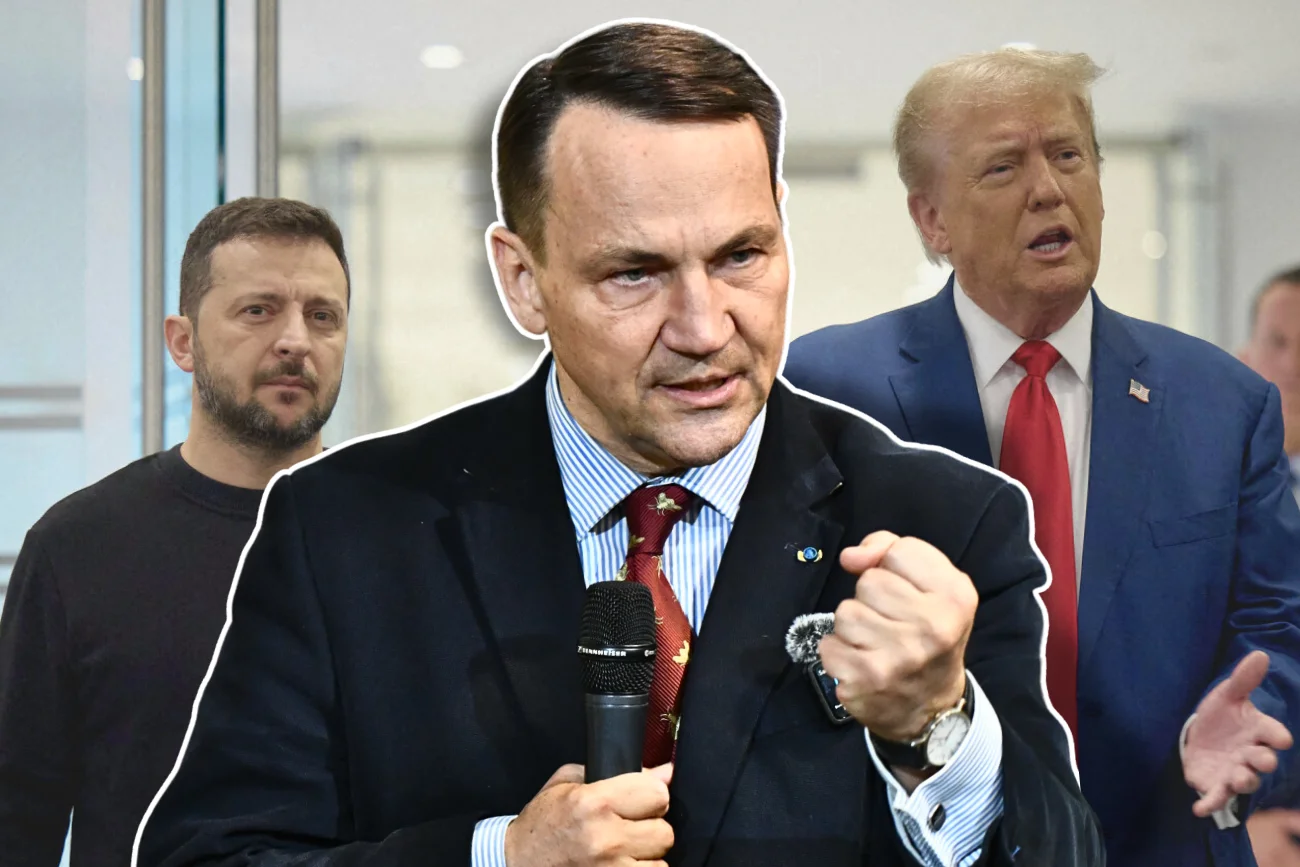 Wygrana Trumpa zmienia wszystko ws. Ukrainy. MSZ zebrało głos. Na zdjęciu szef polskiego MSZ Radosław Sikorski, w tle prezydent Ukrainy Wołodymyr Zełenski i nowy prezydent USA Donald Trump.