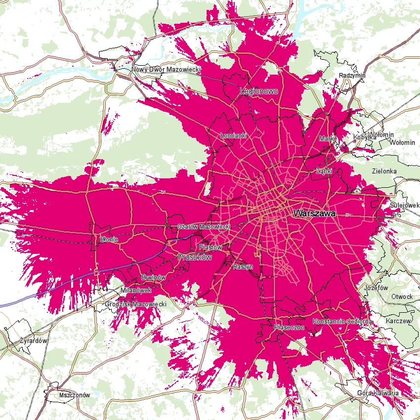 Mapa zasięgu 5G w sieci T-Mobile (stan na listopad 2020)
