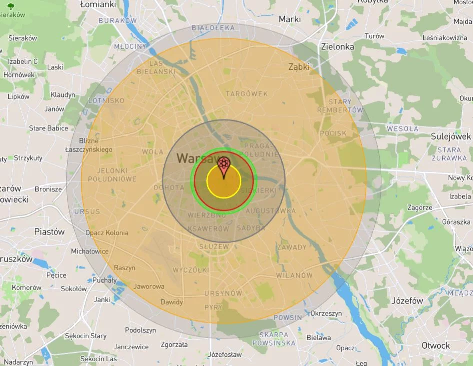 Wizualizacja wybuchu bomby atomowej o masie 1000 kiloton w Warszawie