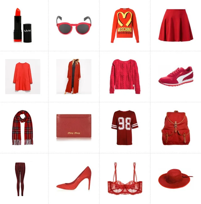 Pomadka Nasty Gal, okulary Farfetch, sweter Moschino, spódnica New Look, blezer Zara, płaszcz Asos, sweter H&M, buty Puma, szalik River Island, kopertówka Miu Miu, T-shirt Boohoo, plecak Royal RepubliQ, spodnie Boohoo, szpilki Topshop, biustonosz La Perla