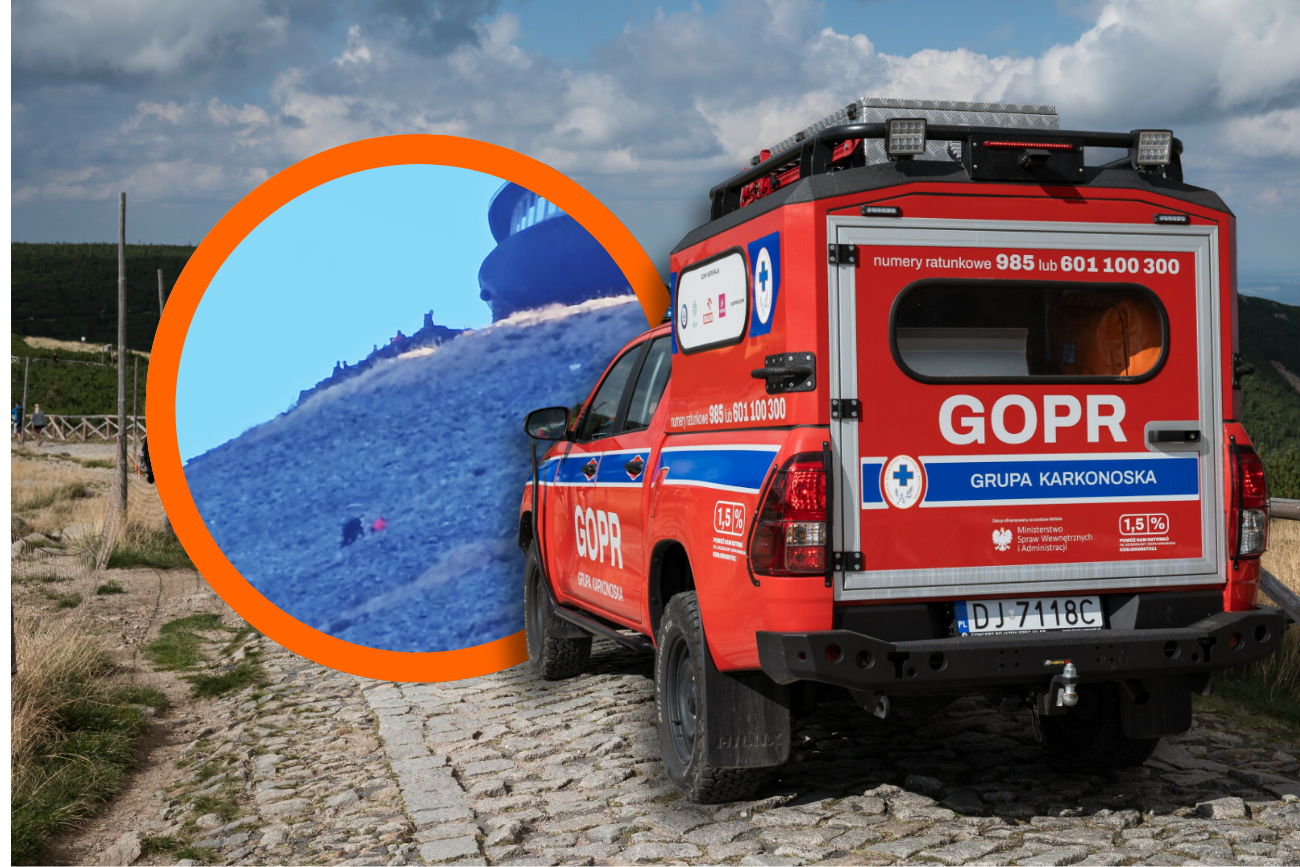 Na zdjęciu w okręgu matka z dzieckiem idący na Śnieżkę. W tle pojazd GOPR Karkonosze w akcji.