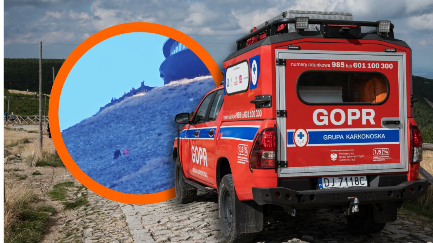 Matka zabrała dziecko na Śnieżkę. Szlak nie był im potrzebny Na zdjęciu w okręgu matka z dzieckiem idący na Śnieżkę. W tle pojazd GOPR Karkonosze w akcji.