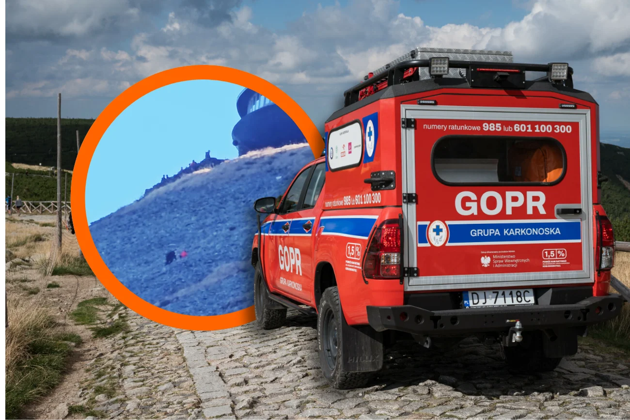Matka zabrała dziecko na Śnieżkę. Szlak nie był im potrzebny Na zdjęciu w okręgu matka z dzieckiem idący na Śnieżkę. W tle pojazd GOPR Karkonosze w akcji.