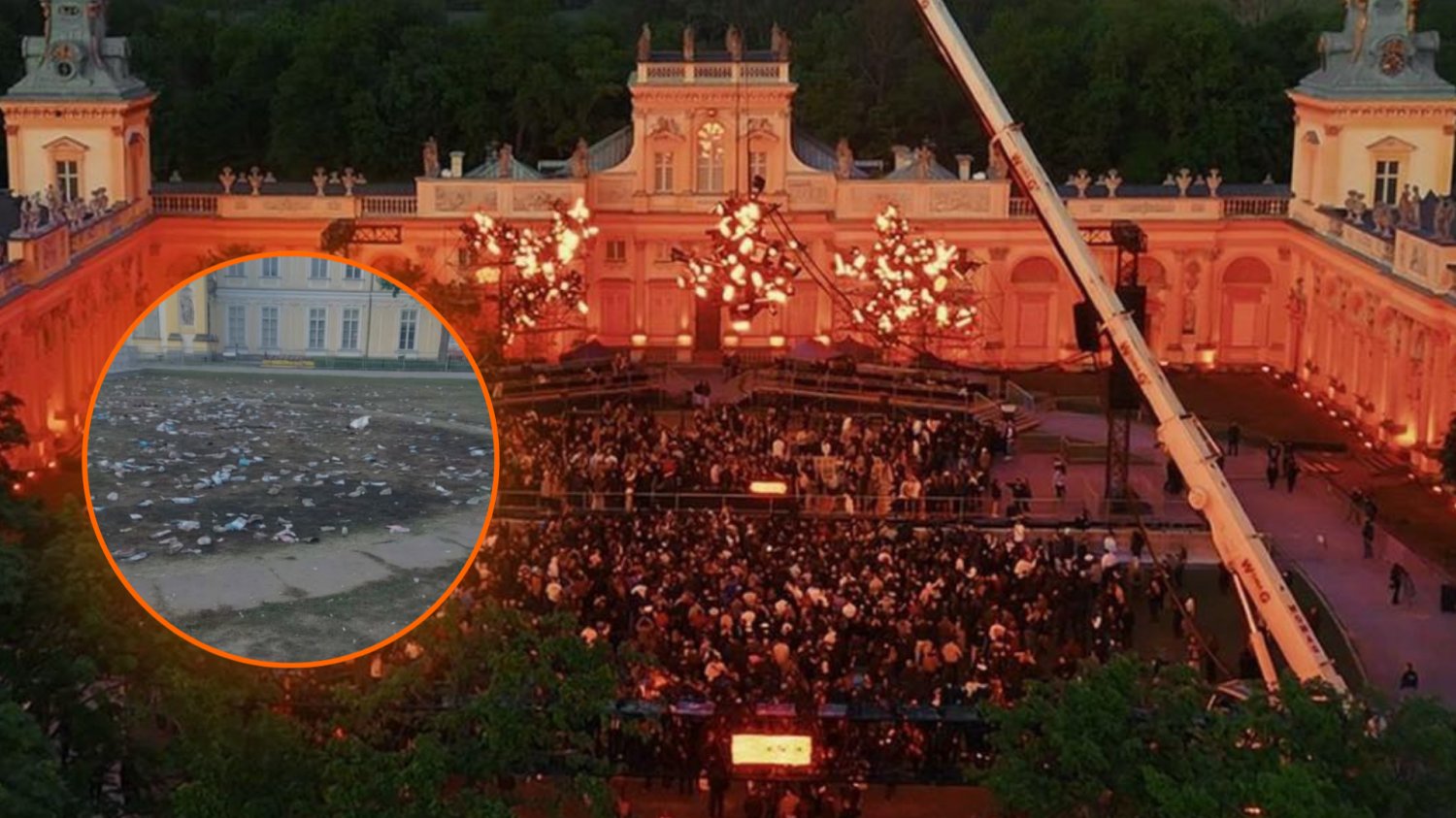 Plastikowe kubki po koncercie muzyki elektronicznej Circoloco na tle imprezy w Pałacu w Wilanowie. Interwencja konserwatora zabytków.