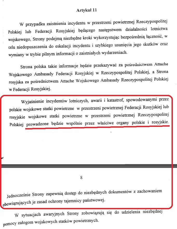 art. 11 Porozumienia między Ministerstwem Obrony Narodowej RP a Ministerstwem Obrony Narodowej Federacji Rosyjskiej w sprawie zasad wzajemnego ruchu lotniczego wojskowych statków powietrznych RP i FR w przestrzeni powietrznej obu państw