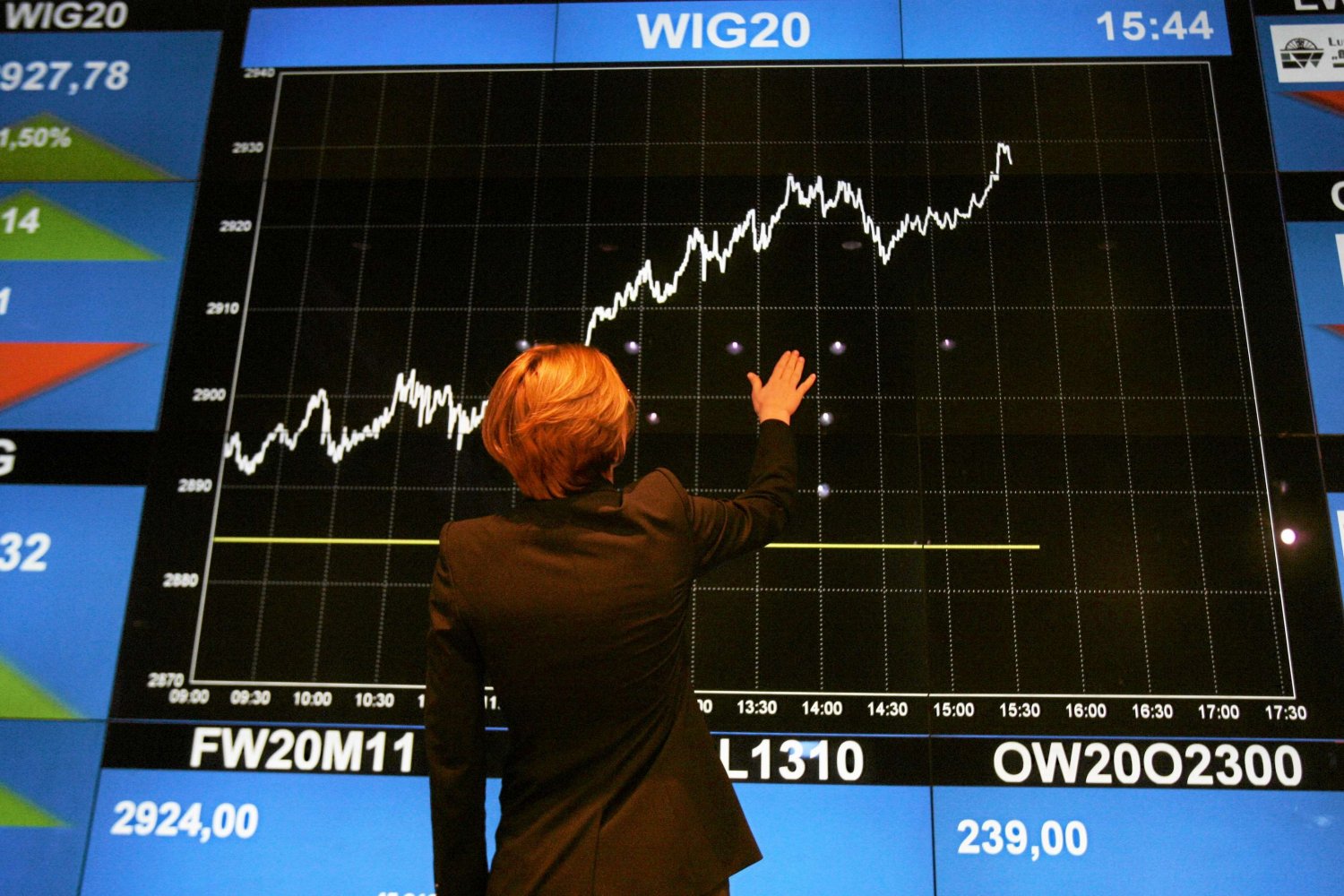 Pracownik Giełdy Papierów Wartościowych przy tablicy z wykresem wyników indeksu WIG20: dwudziestu największych spółek.