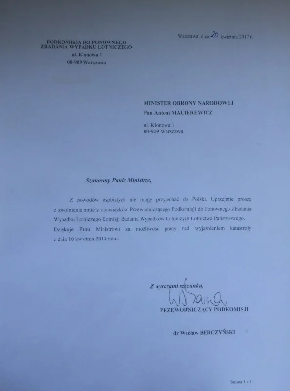 Dr Berczyński tłumaczy, że nie może przyjechać do Polski, a list pisze z Warszawy z ulicy Klonowej?!
