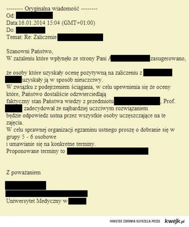 E-mail, jaki profesor wysłał do studentów po otrzymaniu informacji, że część z nich oszukiwała na egzaminie.