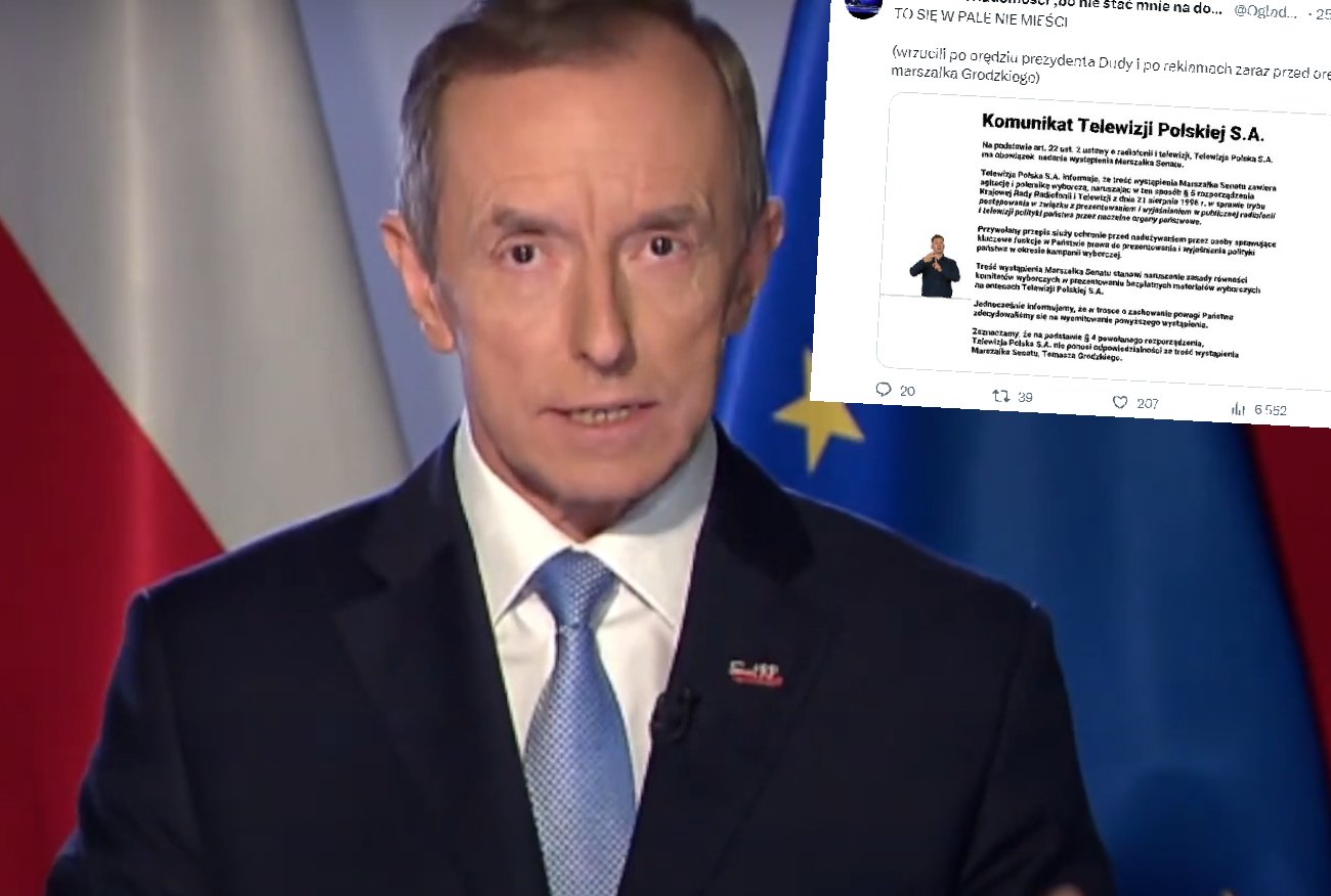 Orędzie Tomasza Grodzkiego. TVP pokazała widzom białą planszę.