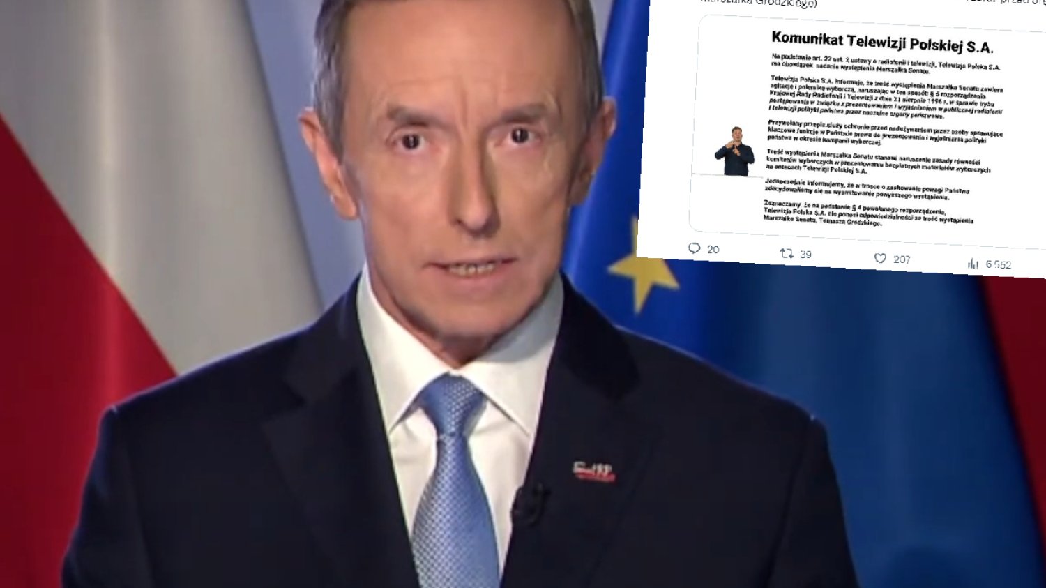 Orędzie Tomasza Grodzkiego. TVP pokazała widzom białą planszę.