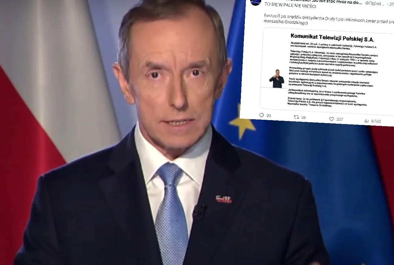 Orędzie Tomasza Grodzkiego. TVP pokazała widzom białą planszę.