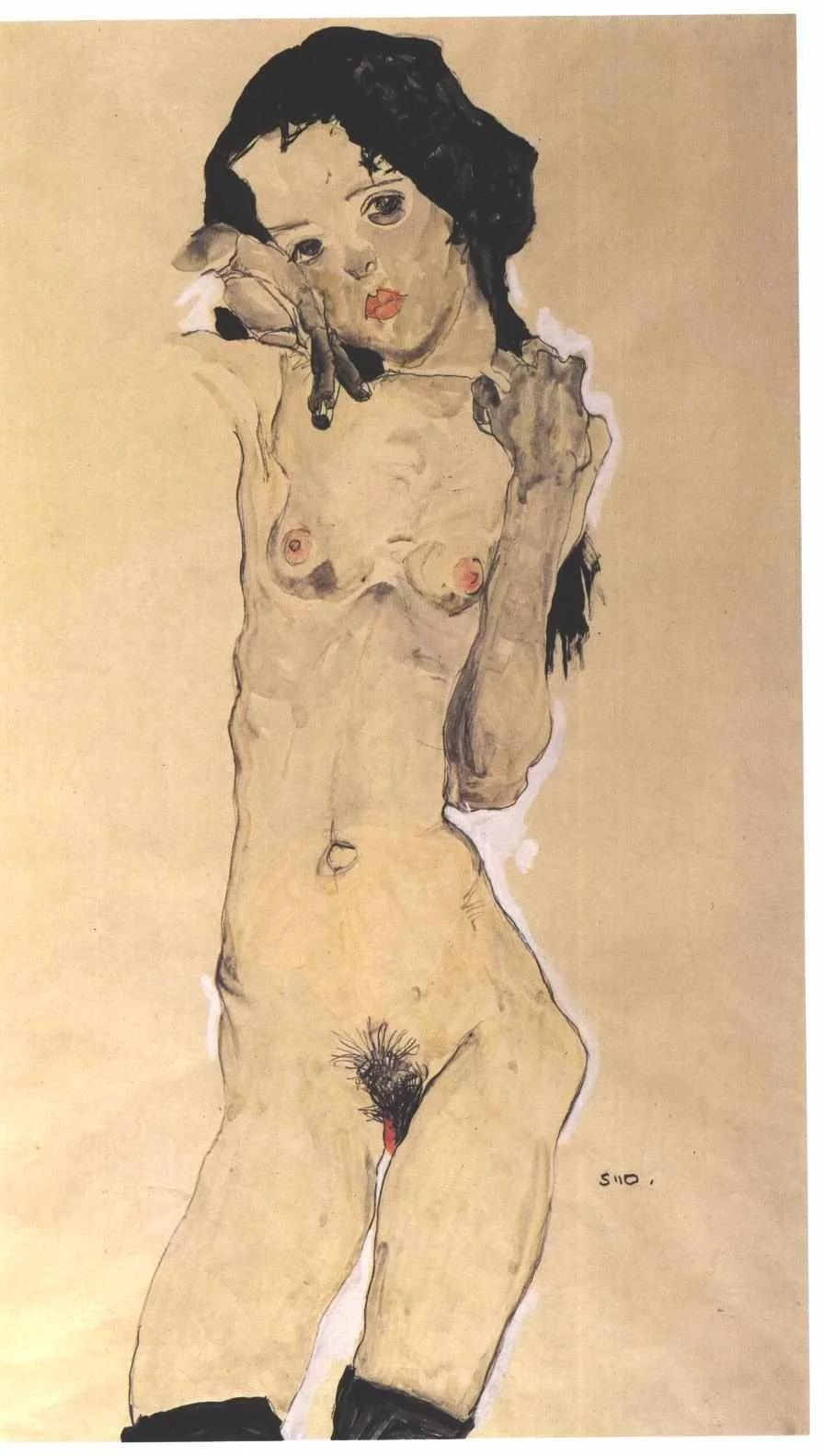 Egon Schiele, Szwarzhaariges Mädchenakt, stehend, 1910