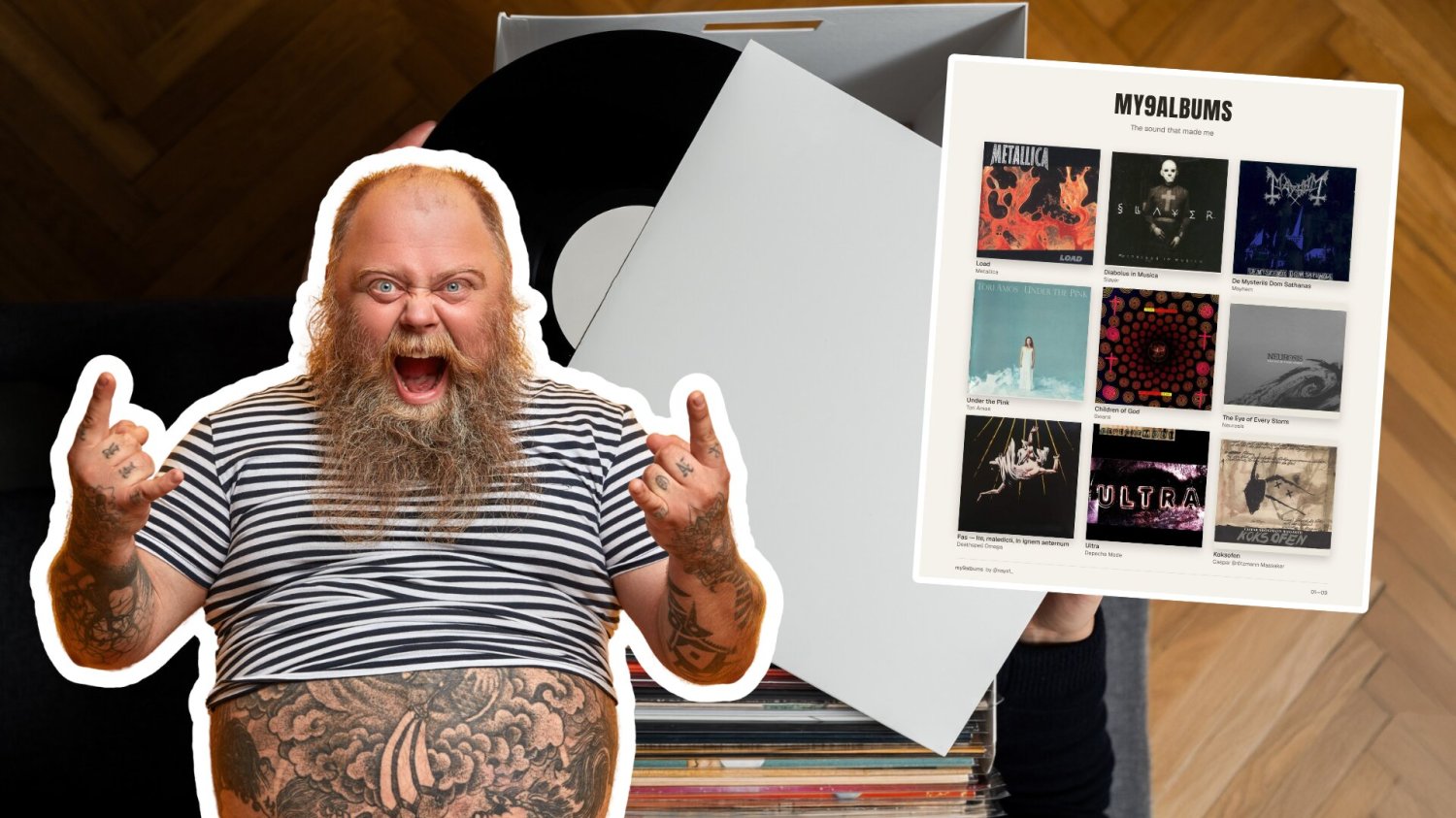 Fan metalu, w tle pudełko z płytami winylowymi.