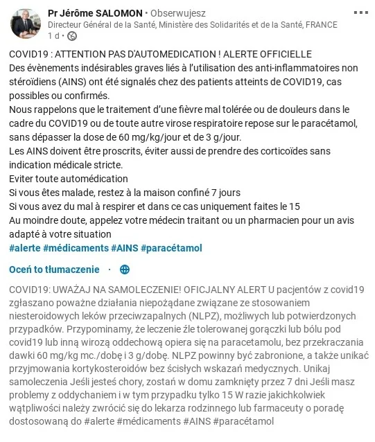 Jakie leki mogą szkodzić przy covid-19? Jerome Salomon z francuskiego resortu zdrowia wyjaśnia, które preparaty są szkodliwe dla zakażonych koronawirusem. Jerome Salomon napisał post na LinkedIn, w którym tłumaczy jakie leki mogą szkodzić przy covid-19.