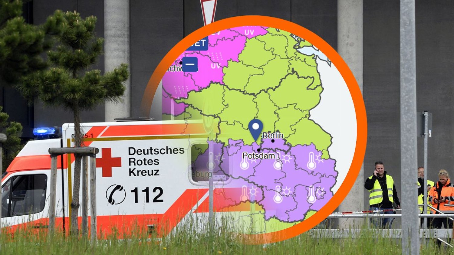 Mapa z ostrzeżeniami DWD ws. zagrożenia dla zdrowia i życia. W tle niemieckie służby ratownicze.
