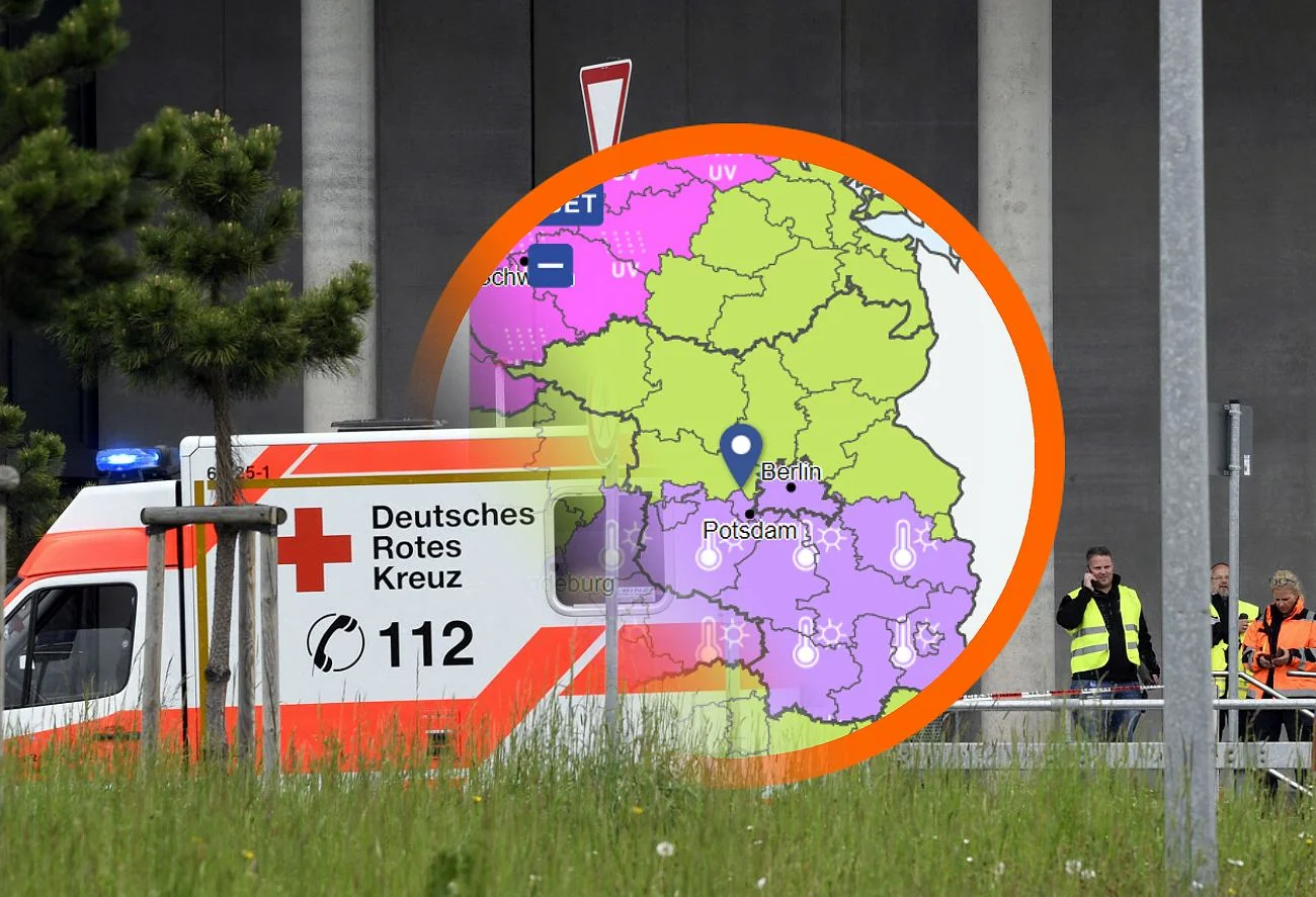 Niemcy z DWD ostrzegają ws. zagrożenia dla zdrowia i życia. Mapa z ostrzeżeniami DWD ws. zagrożenia dla zdrowia i życia. W tle niemieckie służby ratownicze.