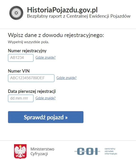 Tak wygląda strona główna serwisu historiapojazdu.gov.pl.