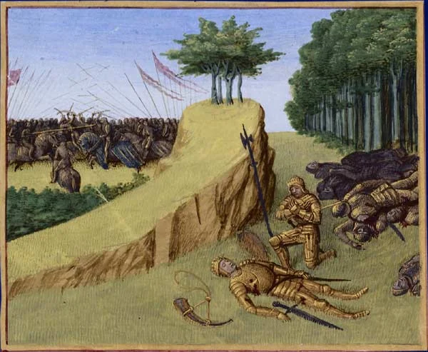 Śmierć Rolanda w bitwie w wąwozie Roncevaux, ilustracja z manuskryptu, ok. 1455-1470