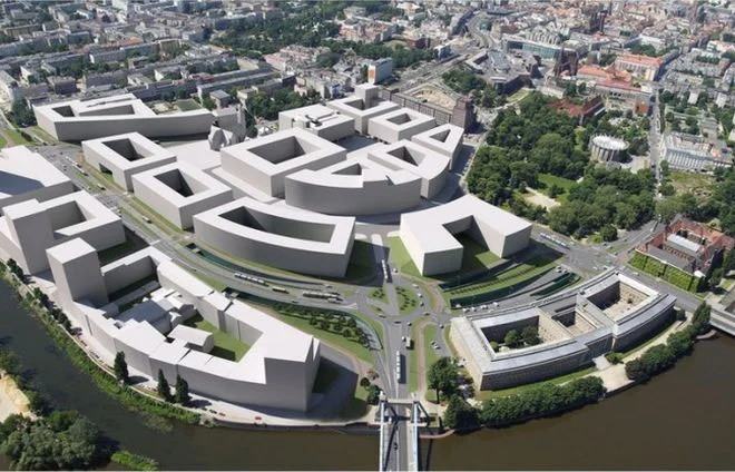 Wizualizacja urbanistycznej koncepcji pl. Społecznego we Wrocławiu. Przeskalowane gmachy, gigantomania i drogi szerokie jak pasy startowe.