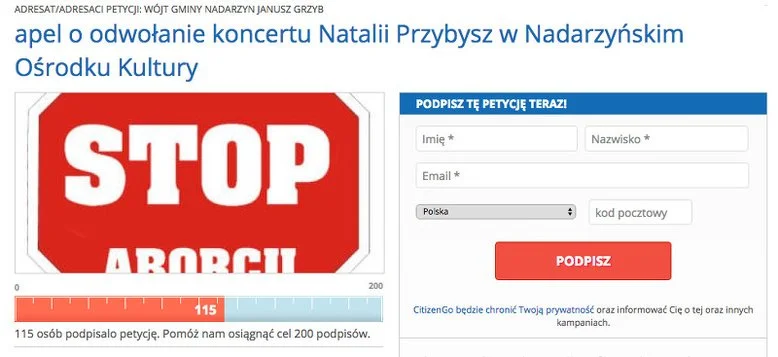 Jeden z mieszkańców Nadarzyna rozpoczął zbiórkę podpisów pod wnioskiem o odwołanie koncertu Natalii Przybysz w NOK.