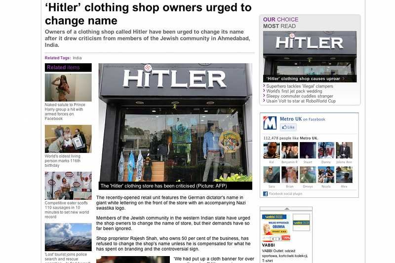 Media na całym świecie piszą o szyldzie sklepu "Hitler" w Indiach
