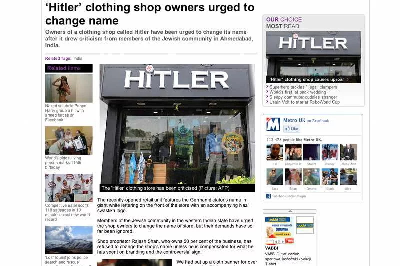 Media na całym świecie piszą o szyldzie sklepu "Hitler" w Indiach