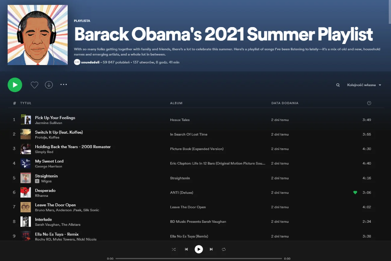 Barack Obama's 2021 Summer Playlist on Spotify