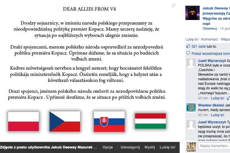 Polscy internauci przepraszają członków Grupy Wyszehradzkiej za „zdradę, której dokonał polski rząd”