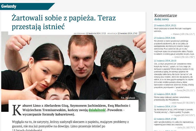 Prawica widzi boską zemstę w rozpadzie kabaretu Limo.