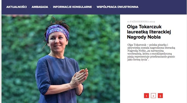 To jedyna informacja o Noblu dla Olgi Tokarczuk na stronach polskiej ambasady w Sztokholmie.