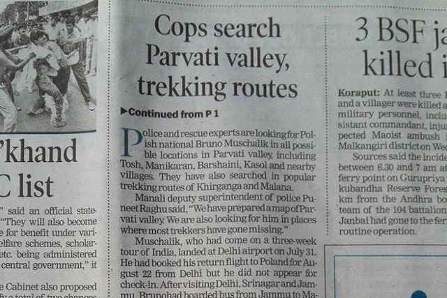 Artykuł o poszukiwaniach Bruna w Times of India