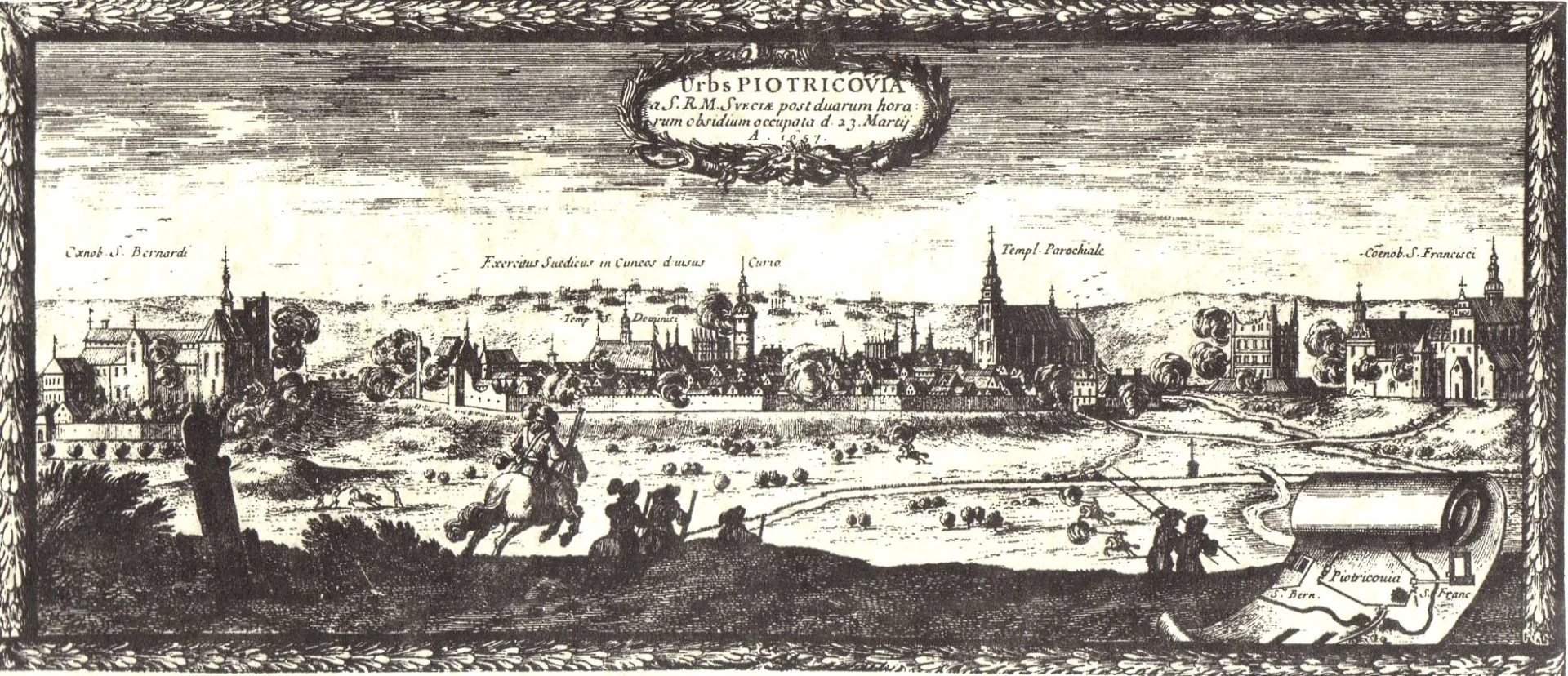 Panorama Piotrkowa wg sztychu Dahlberga, druga połowa XVII wieku.
