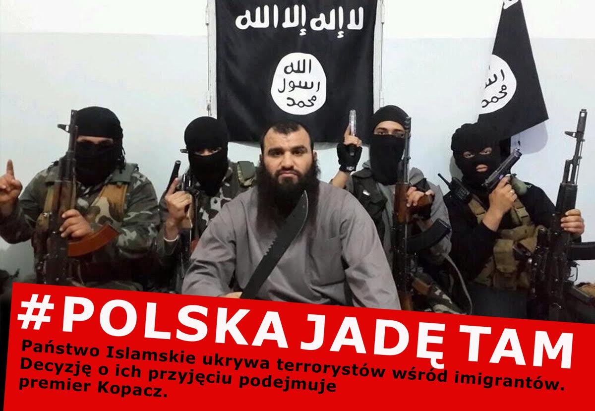 Plakat ostrzegający przed ryzykiem ukrywania się wśród uchodźców potencjalnych zamachowców
