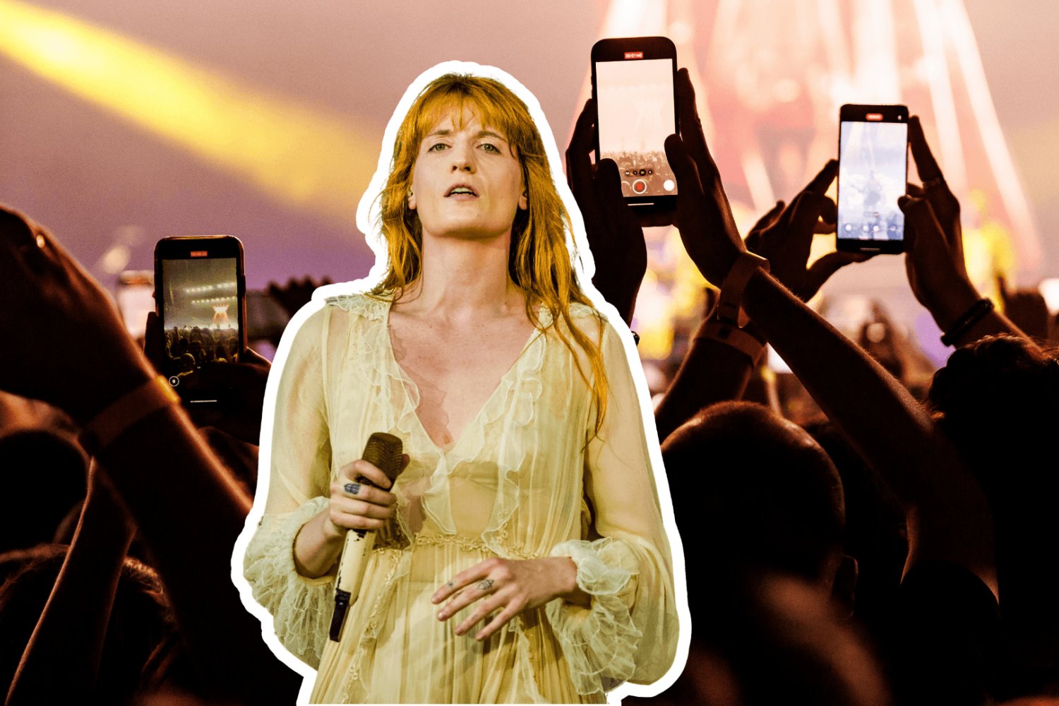 Florence Welsh, w tle smartfony na koncercie