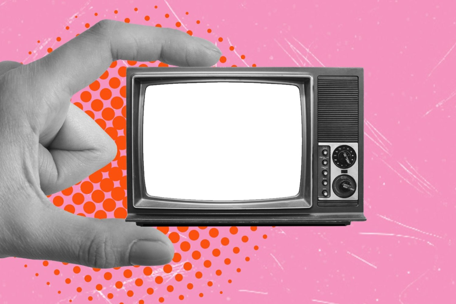 grafika z ręką trzymającą telewizor