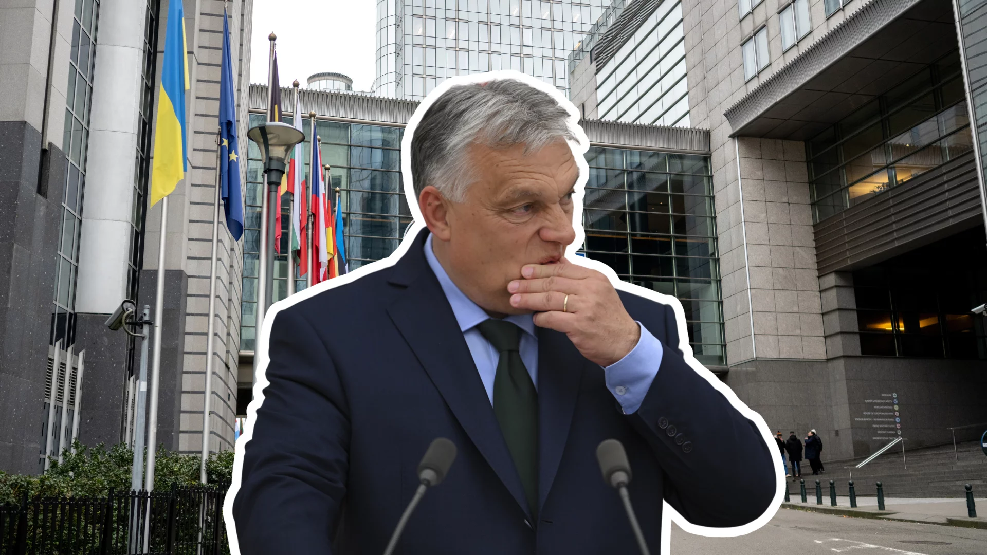 Viktor Orban w tle budynek Parlamentu UE