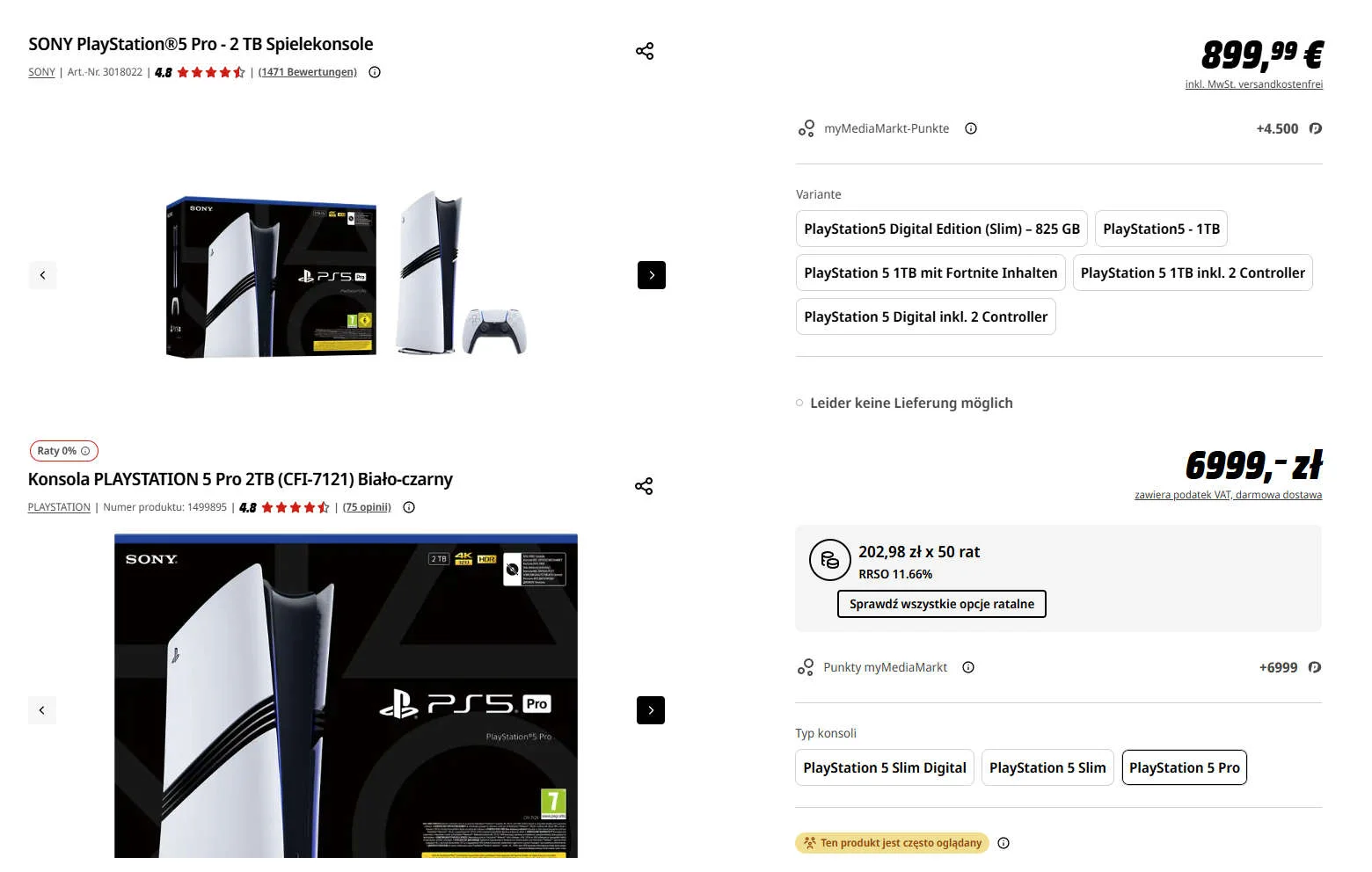 Cena PS5 Pro w Polsce i w Niemczech Zrzut ekranu porównujący cenę PS5 Pro w niemieckim Media Markt (899,99 euro) z ceną PS5 Pro w Polsce w Media Markt (6999 zł)