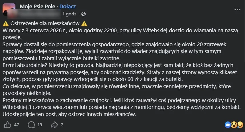Złodzieje butelek na kaucje Post z Facebooka opisujący kradzież pustych butelek na kaucje