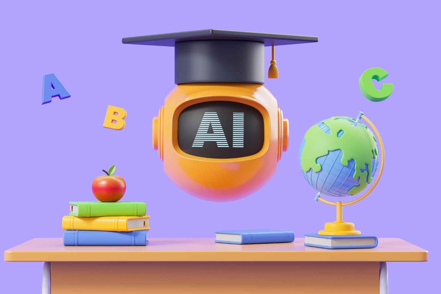 ilustracja: biurko, globus, książki, jabłko, litery "a", "b", "c" i kóla z czapką i napisem "AI"