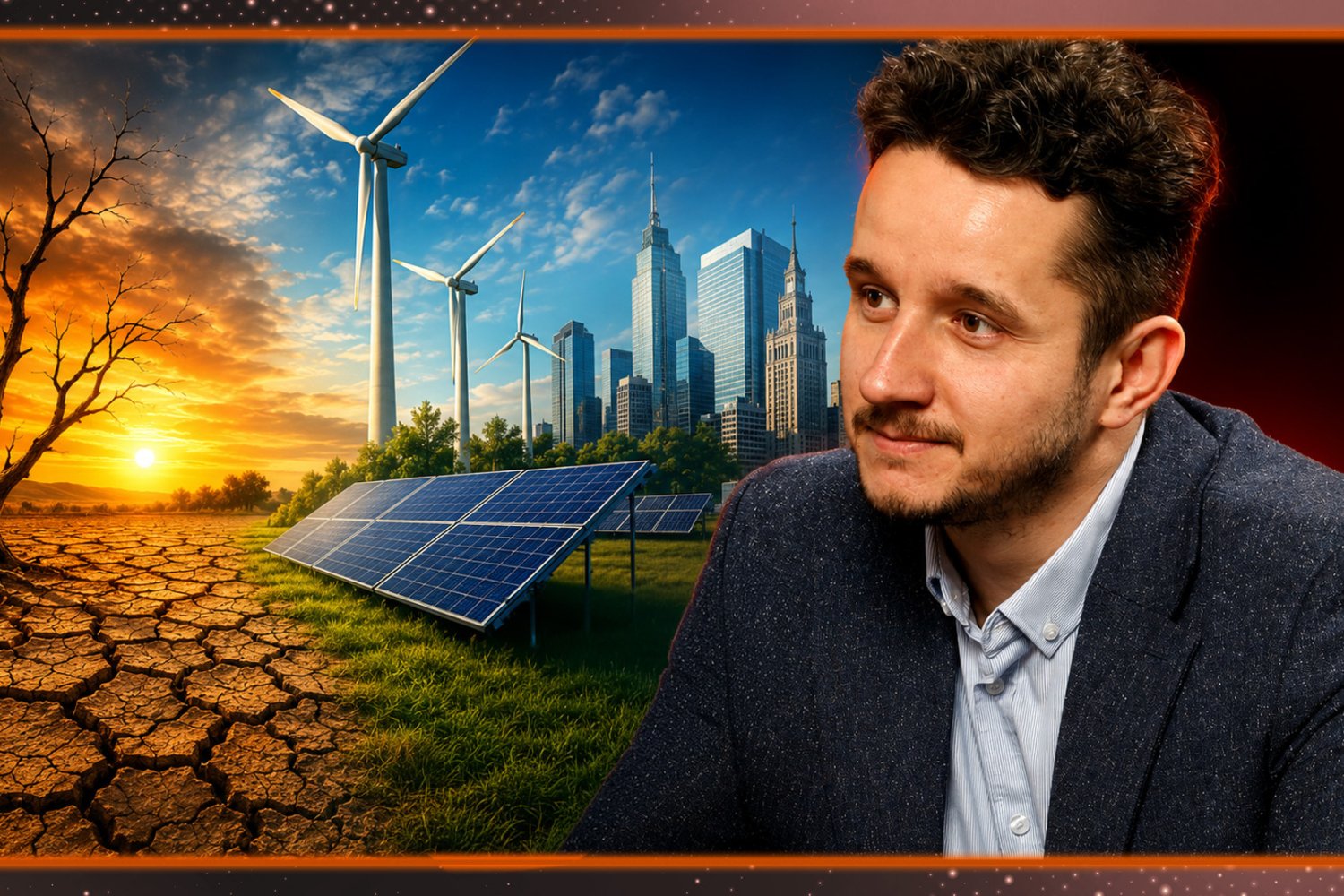 Jakub Wiech, w tle grafika symbolizująca zmiany klimatyczne